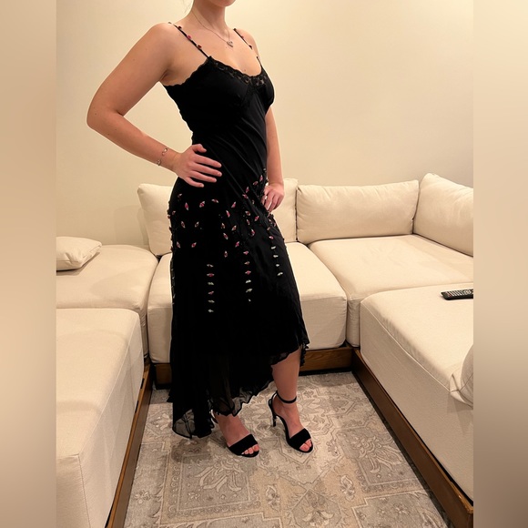 Vintage 90’s Sue Wong high low maxi Black lace Pink Roses Long Dress Size 6. - Picture 10 of 12